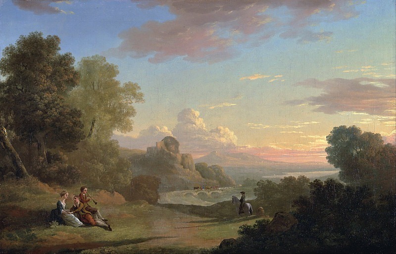 Воображаемый пейзаж с путешественником и фигурами на берегу залива Байя. Томас Джонс
