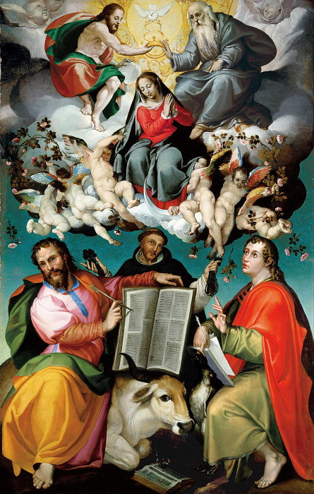 The Coronation of the Virgin with Saints Luke, Dominic, and John the Evangelist. Bartolomeo Passarotti