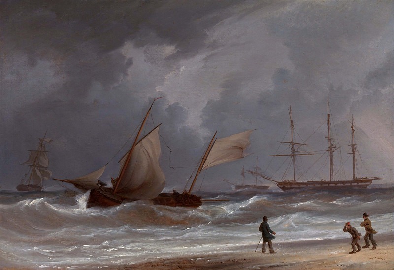 Люггер на берегу в шторм