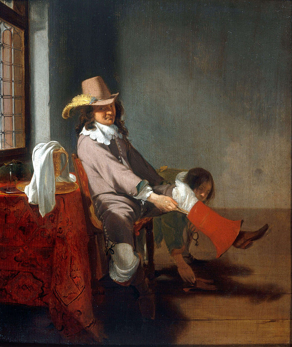 An Officer pulling on his Boot, while a Manservant removes his Slippers. Simon Kick