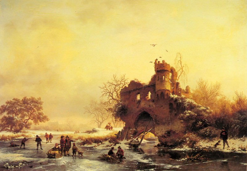 Winter Landscape With Skaters On A Frozen River Beside Castle Ruins. Frederik Marianus Kruseman