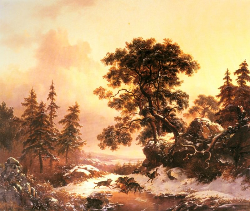 Волки на фоне зимнего пейзажа. Фредрик Маринус Круземан