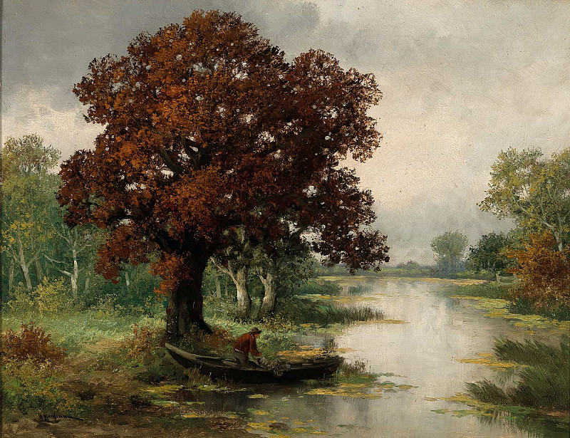 A River Landscape with Fisherman in Autumn. Adolf Kaufmann