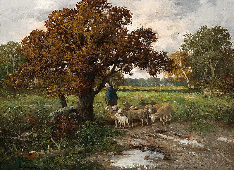 A Shepherdess with a Flock of Sheep. Adolf Kaufmann