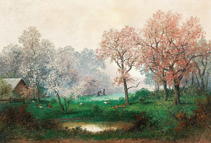 Under flowering trees; Unter blühenden Bäumen. Adolf Kaufmann