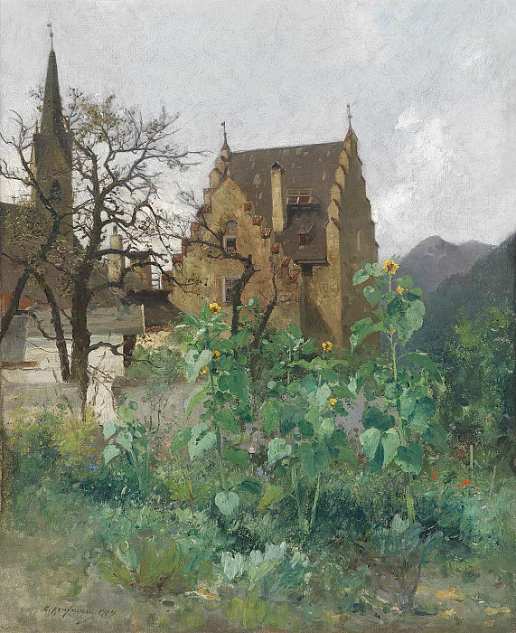 Sunflowers in the front garden; Sonnenblumen im Vorgarten. Adolf Kaufmann