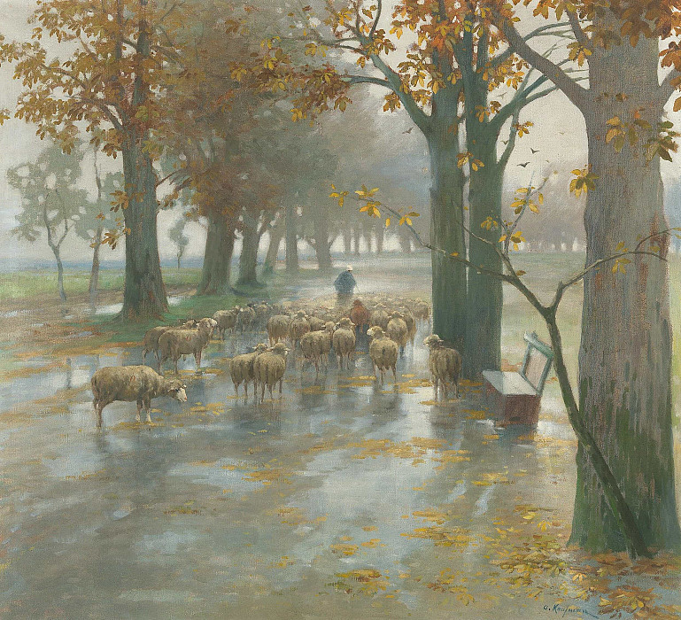 Flock Of Sheep With Shepherdess On A Rainy Day. Adolf Kaufmann