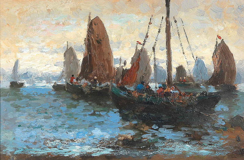 Seascape with Many Sailing Boats. Adolf Kaufmann