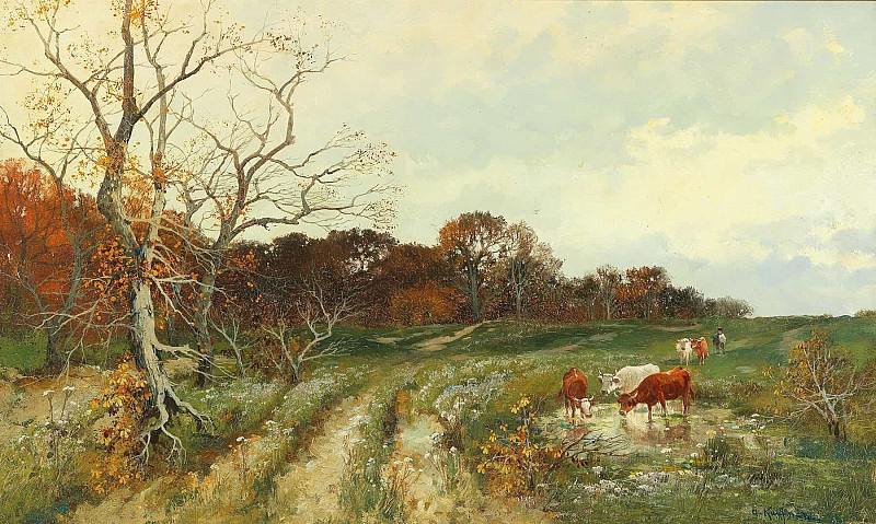 Summer landscape with grazing cows; Sommerlandschaft mit weidenden Kühen. Adolf Kaufmann