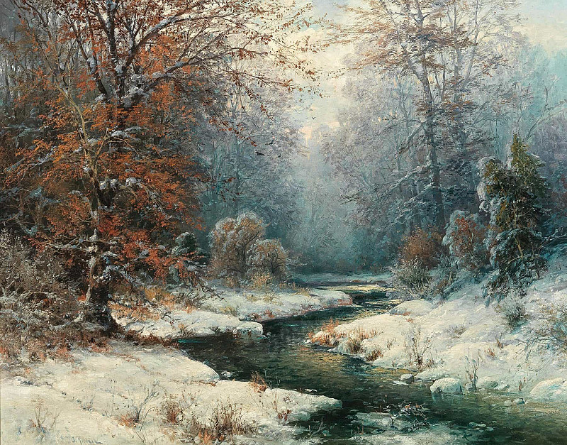 Winter river landscape; Winterliche Flusslandschaft. Adolf Kaufmann