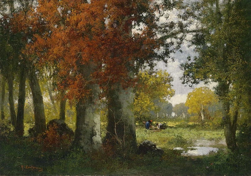Forest clearing with brushwood gatherers; Waldlichtung mit Reisigsammlern. Adolf Kaufmann