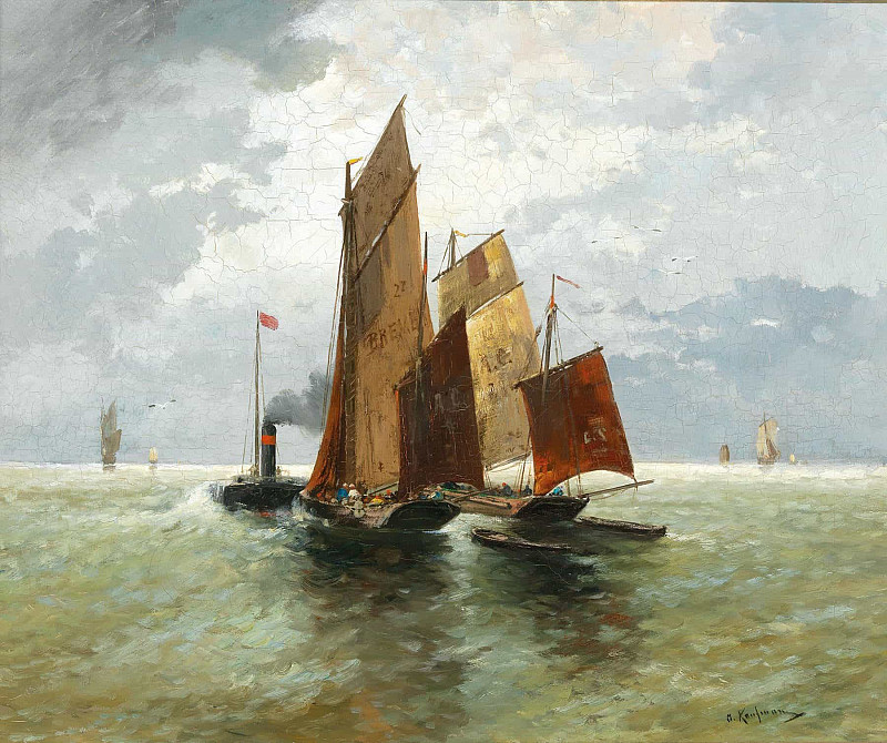 Steamboat and Fishing Boats at Sea. Adolf Kaufmann
