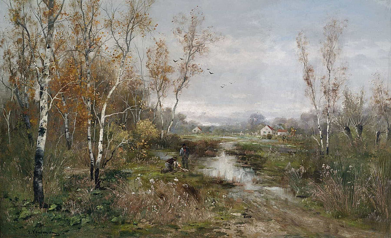 Autumnal moorland landscape at a birch grove; Herbstliche Moorlandschaft an einem Birkenhain. Adolf Kaufmann