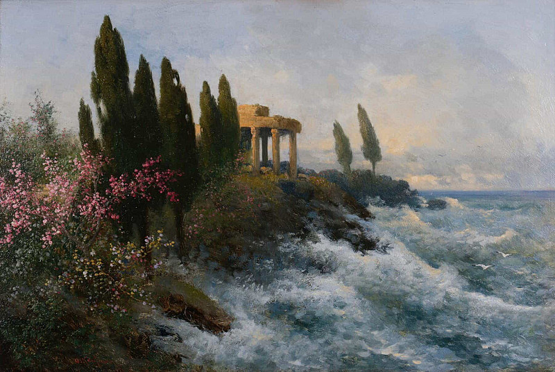 Mediterranean landscape with ancient temple; Mediterrane Landschaft mit antikem Tempel. Adolf Kaufmann