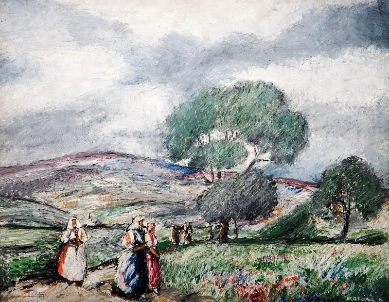 Stormy Landscape With Blue And Red Figures. Károly Kotász