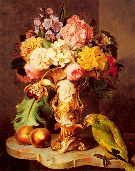 Kuss Ferdinand A Still Life With A Vase Of Assorted Flowers Peaches And A Parrot On A Marble Ledg. Фердинанд Кусс
