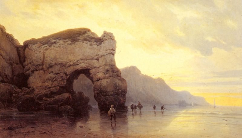 Kuwasseg Carl Joseph Fisherfolk On A Shore At Sunrise. Carl Joseph Kuwasseg
