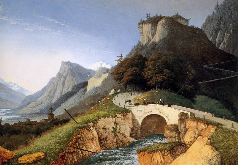 Mountainous landscape with bridge over stream. Josehus Knip