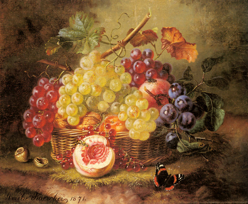 Натюрморт с виноградом, персиками и бабочкой на мшистом берегу. Амалия Керхер