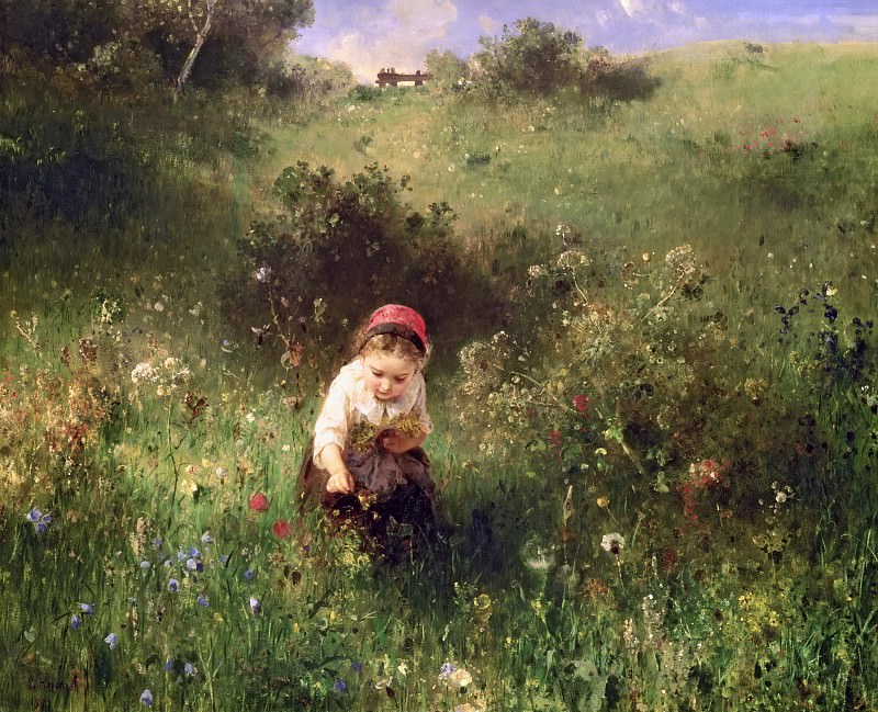 A Young Girl In A Field. Ludwig Knaus
