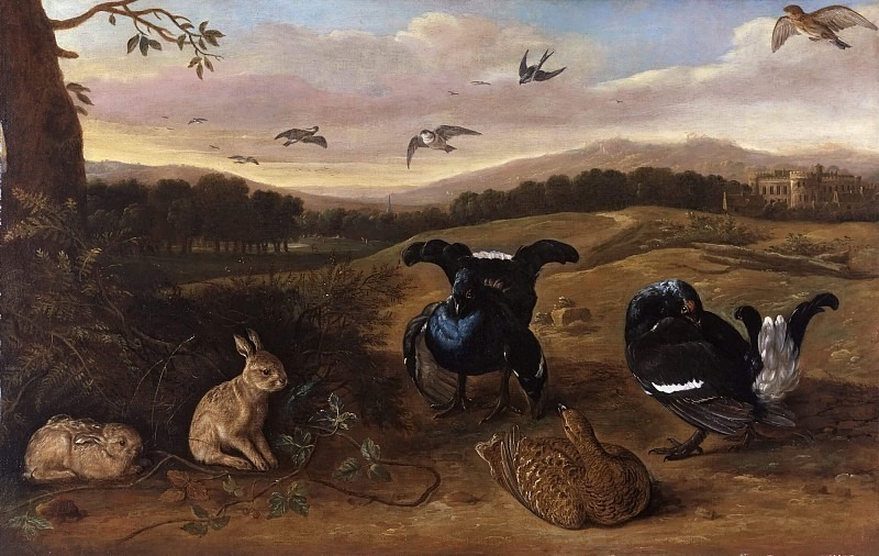 Black Game, Rabbits, and Swallows in a Park. Leonard Knyff