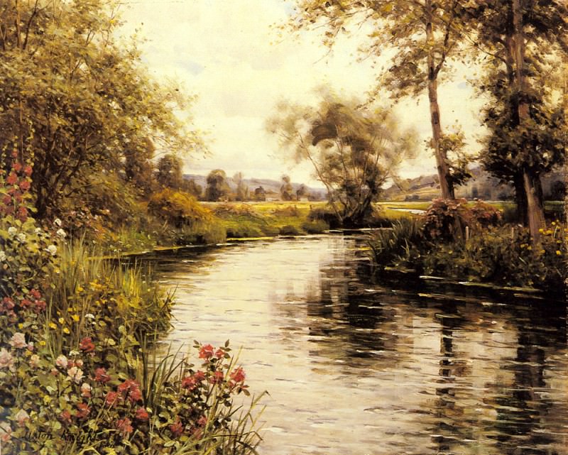 Flowers In Bloom By A River. Louis Aston Knight