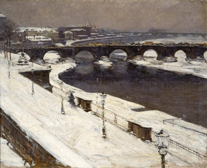 Seen Elbe and Augustus Bridge in winter by the Br. Gotthard Kuehl