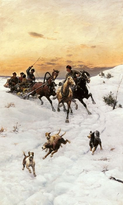 Kleczynski Bodhan Von Figures In A Horse Drawn Sleigh In A Winter Landscape. Бодан фон Клещински