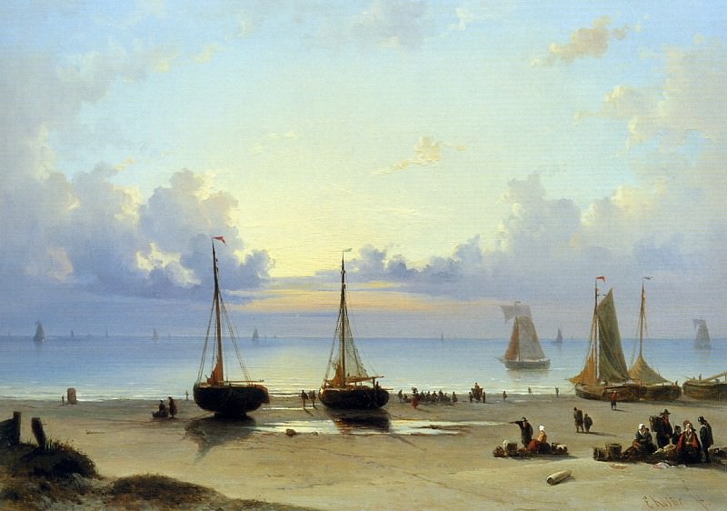 Ships and fishermen on the beach. Everhardus Koster