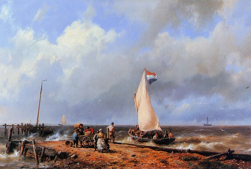 Coast with folk and boat. Hermanus Koekkoek