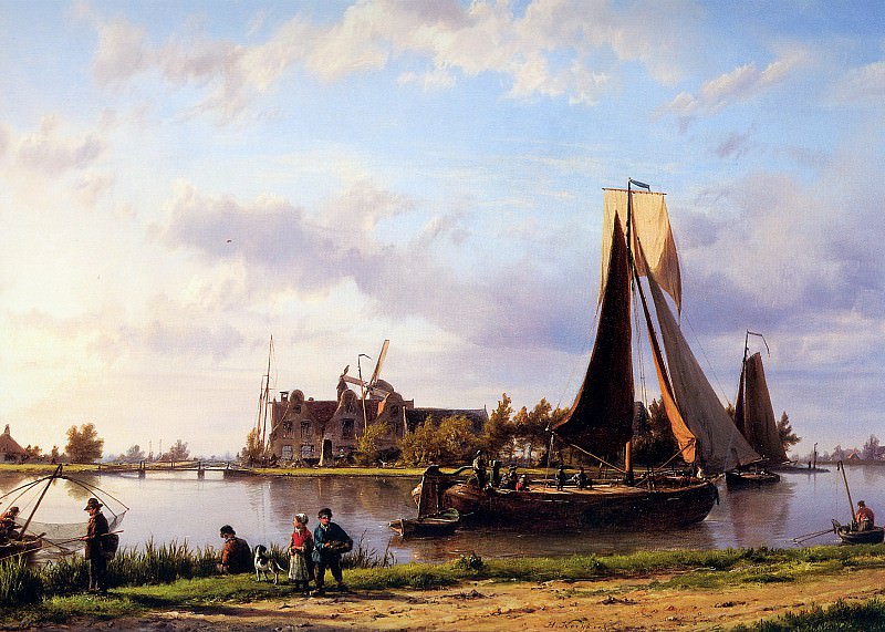 Ship sailing through canal. Hermanus Koekkoek