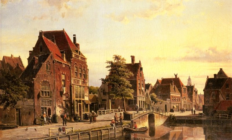 Figures By A Canal In A Dutch Town. Willem Koekkoek