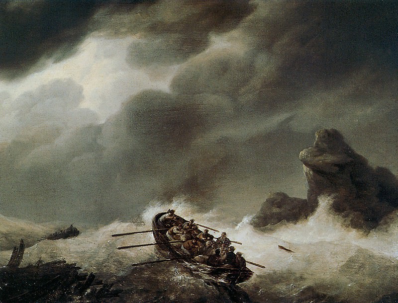 Shipwrecked men in fierce storm. Johannes Hermanus Koekkoek