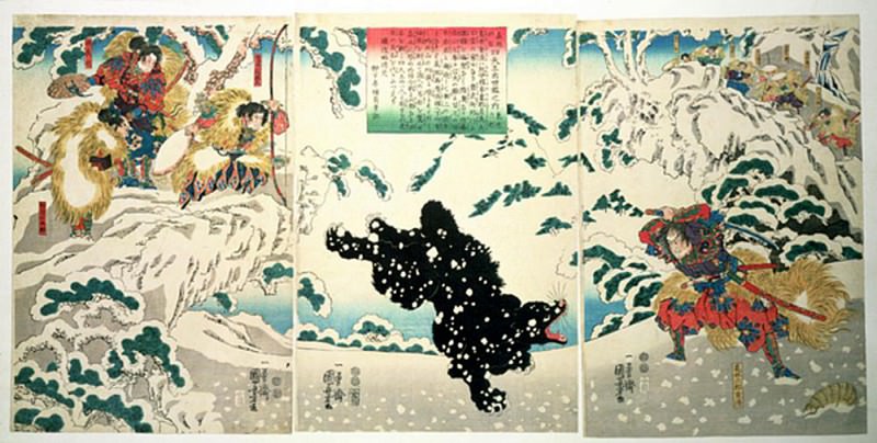 Камеи Рокуро и чёрный медведь в снегу. Утагава Куниёси