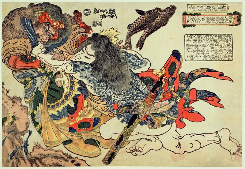 Tameijiro Genshogo fighting an armoured man underwater. Utagawa Kuniyoshi