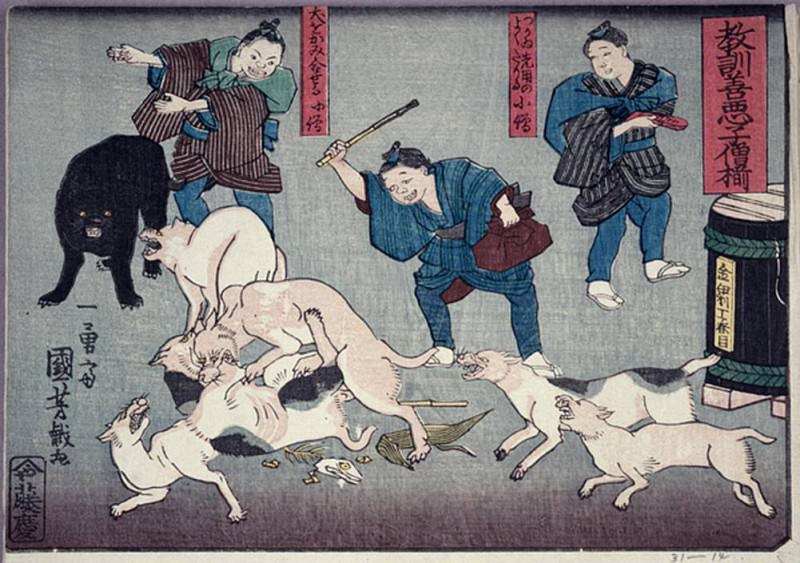 Moral teaching for shopboys, giving good and bad examples of behaviour. Utagawa Kuniyoshi