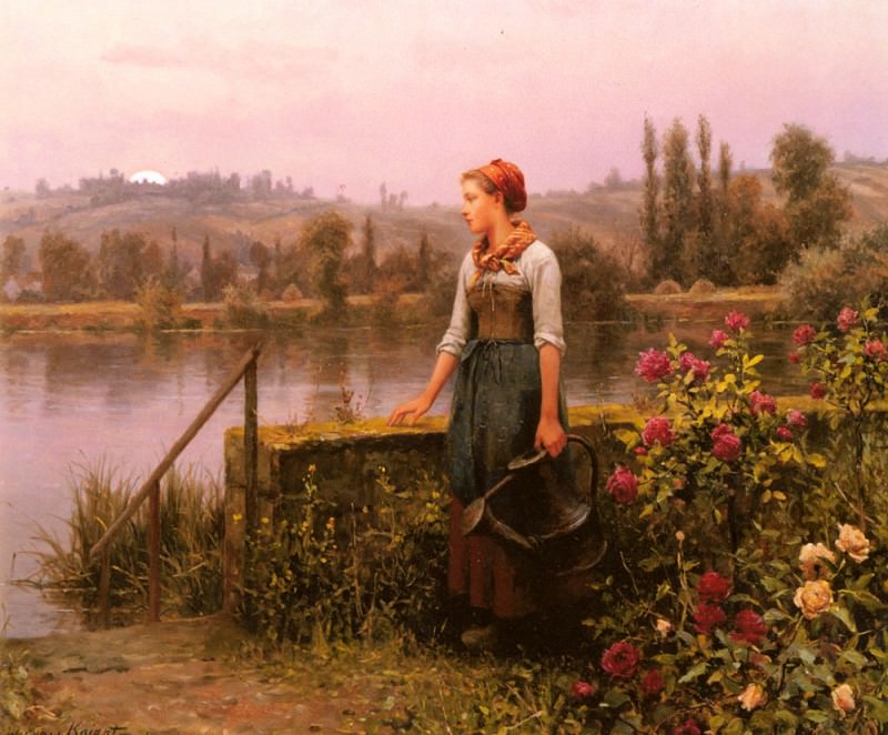 A Woman With A Watering Can By The River. Daniel Ridgway Knight