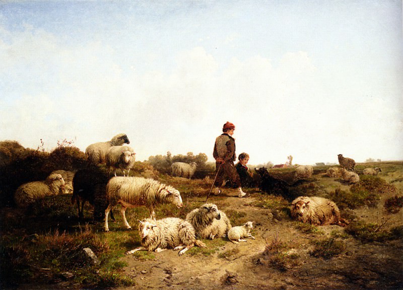 Cornelis Van Leemputten Shepherd Boys With Their Flock 1869. Корнелис Ван Лемпуттен
