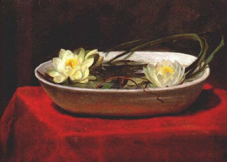 la farge water lilies in white bowl 1859. John La Farge