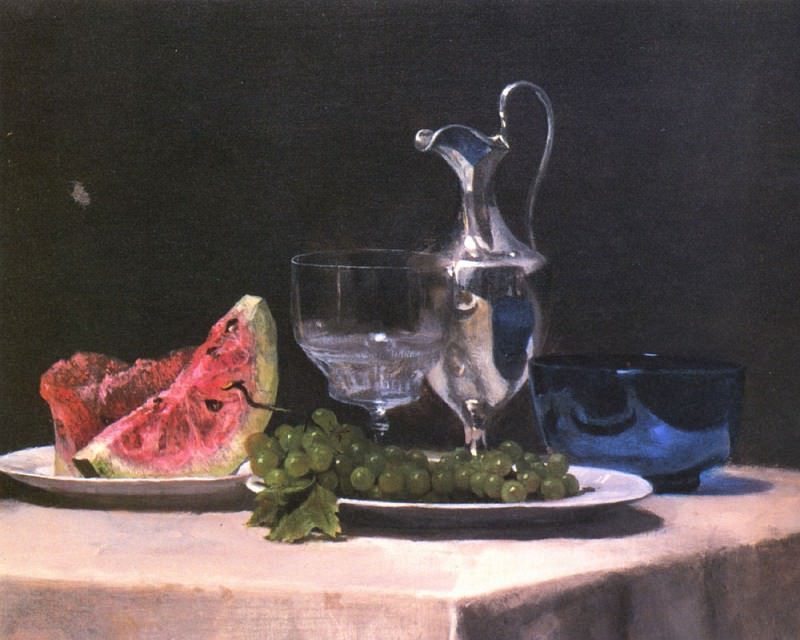 Still life study of silver glass and fruit. John La Farge