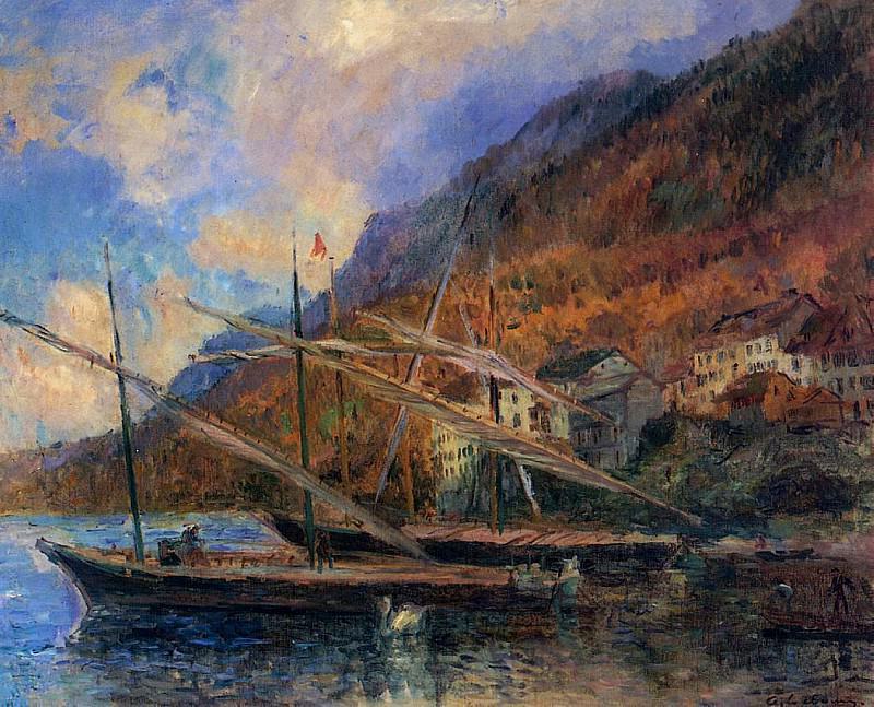 Boats by the Banks of Lake Geneva at Saint Gingolph. Albert-Charles Lebourg