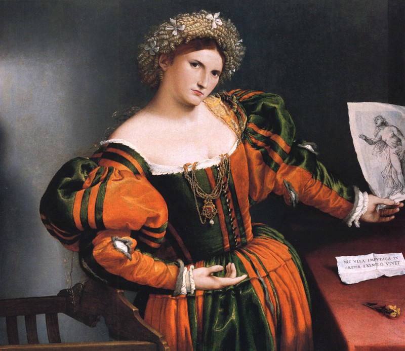 Portrait of a lady with a picture of the suicide of Lucretia. Lorenzo Lotto