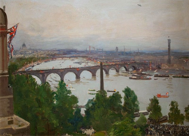 The River Pageant, as seen from the home of Sir James Barries, Adelphi Terrace London. Sir John Lavery