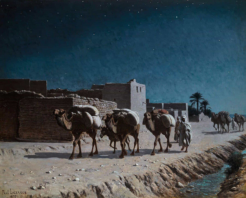 Camel Train By Moonlight. Jean Baptiste Paul Lazerges