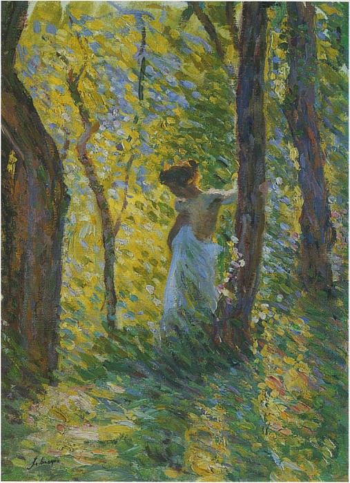 Юная девушка в просвете между деревьями. Анри Лебаск