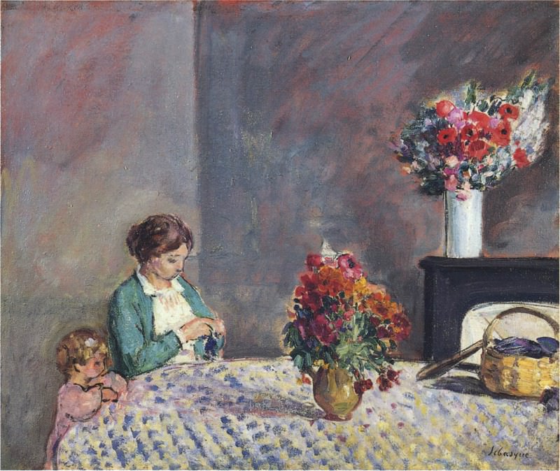 Женщина и ребенок, сидящие за столом. Анри Лебаск
