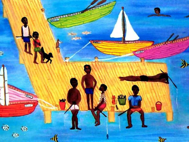 Карибский холст - Мальчики, ловящие рыбу. Фрейн Лессак