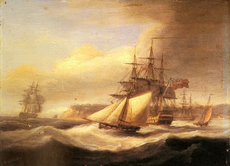 Luny Thomas Naval Ships setting Sail With A Revenue Cutter Off Berry Head. Thomas Luny