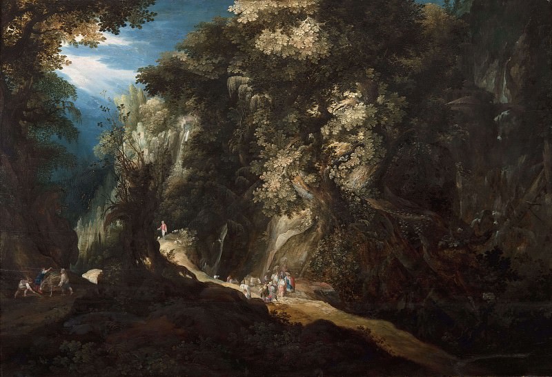 Wooded Mountain Landscape with Waterfall and Travellers, Gysbrecht Leytens