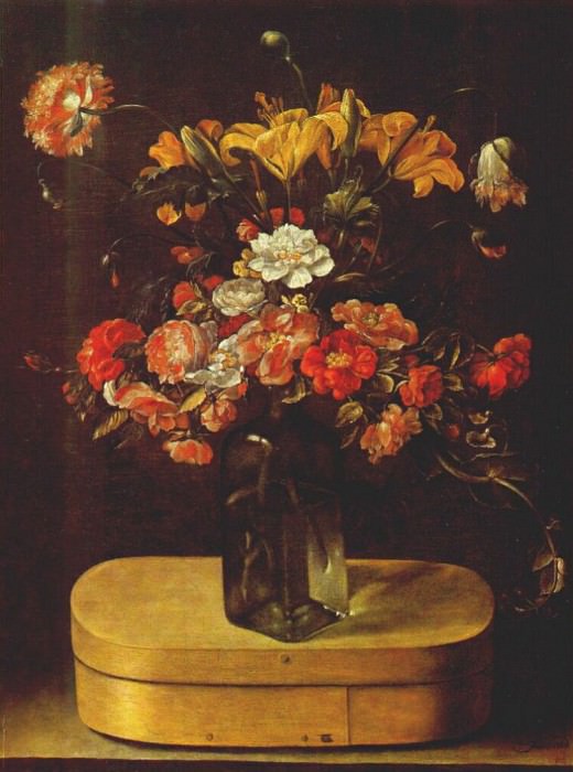 linard vase of lilies roses and poppies on wooden box c1630. Linard